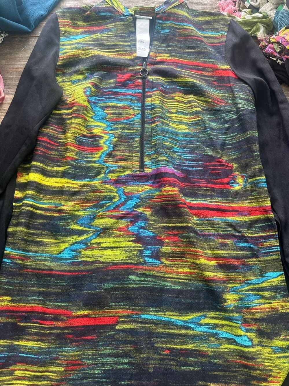 Akris Punto Wool Abstract Print Shift Dress Half Zip Long Sleeve US 12 Italy